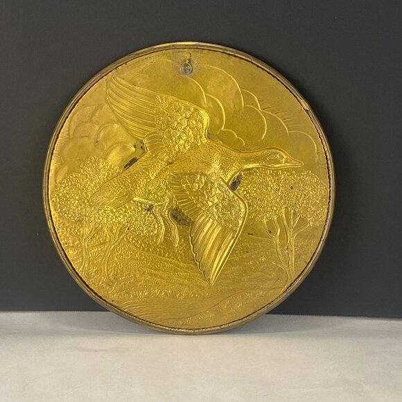 Vintage Retro Embossed Brass Wall Decor Plate Flying Duck or Goose - Picture 2 of 8